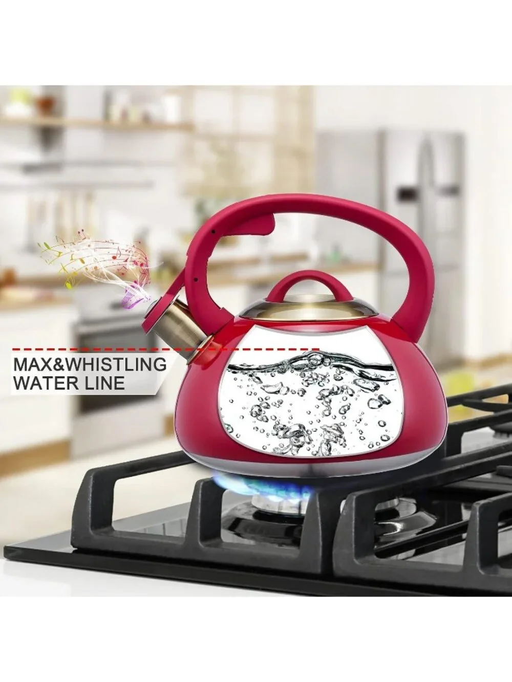 Red Kitchen Whistling Tea Kettle 2.2 Quart Stainless Steel Stovetop Induction